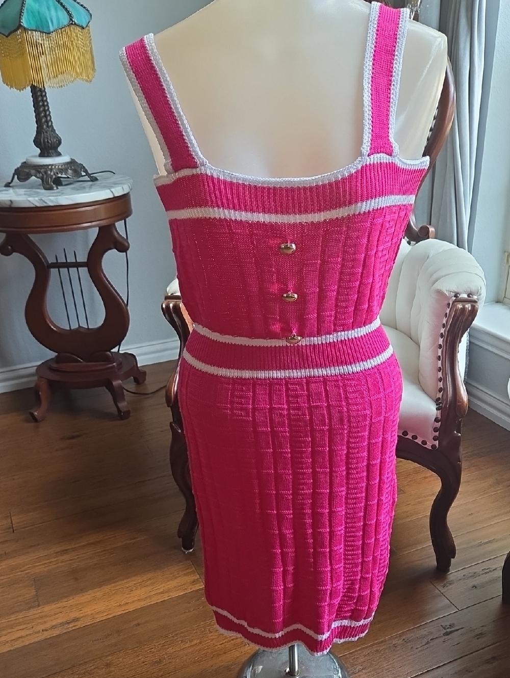Women’s Knit Tank Dress in Hot Pink with White Trim